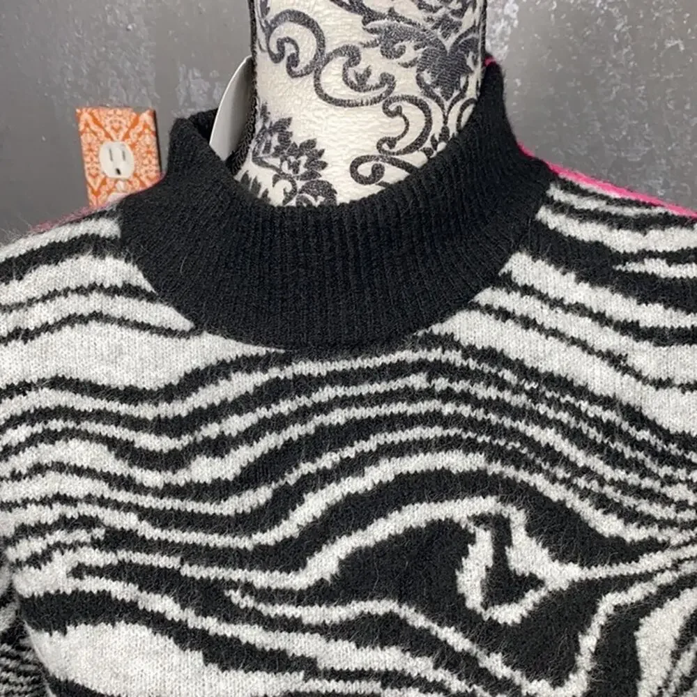 Halogen Swirl Zebra Mock Neck Sweater Black White Pink Stripe Cozy Soft NWT Sz L